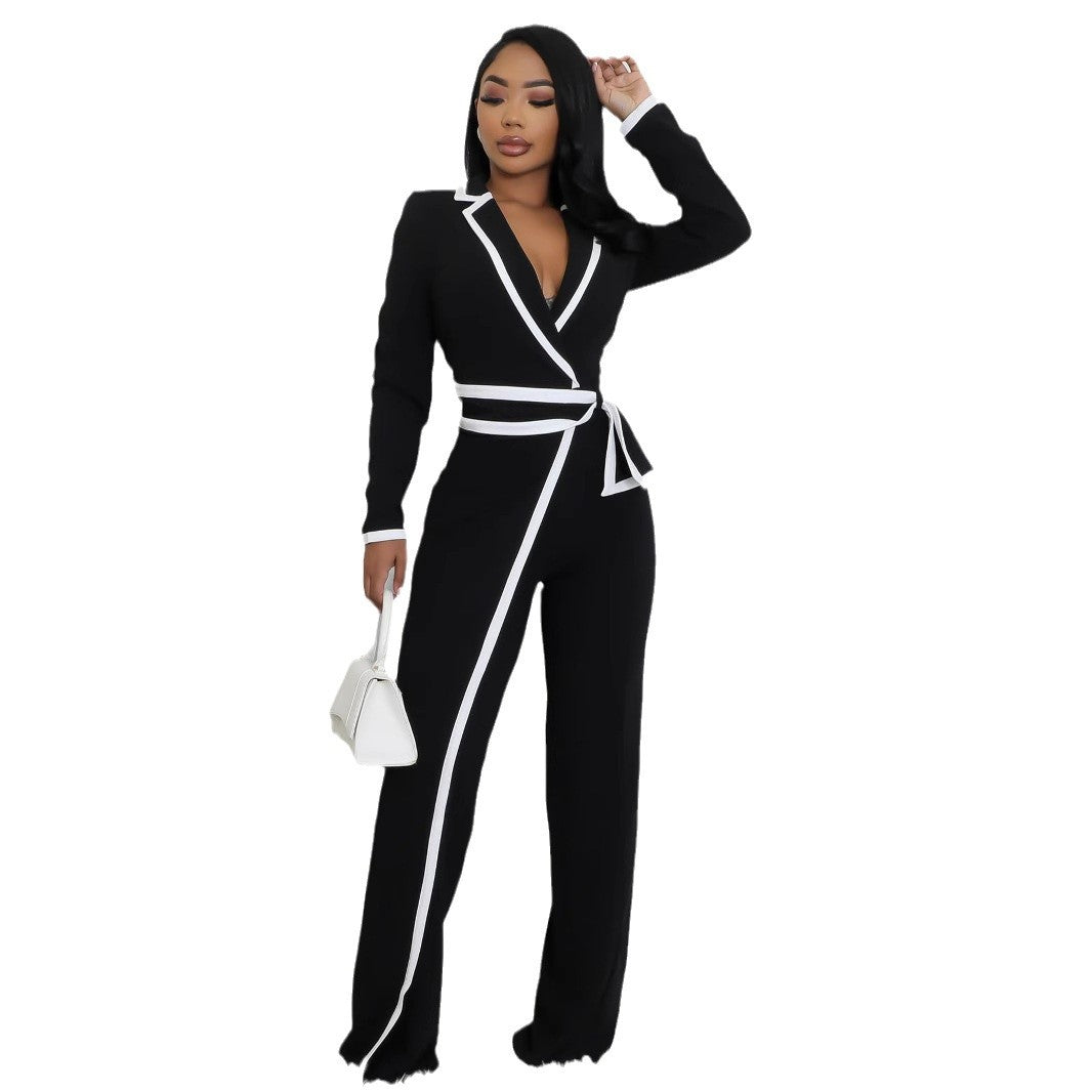 Fashion Belt Design Dual-color Patchwork Long Sleeve Jumpsuit