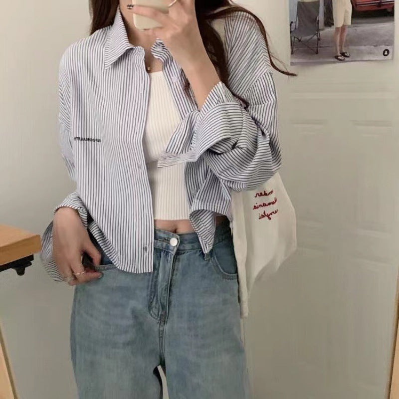 Vertical Striped Short Embroidery Shirt