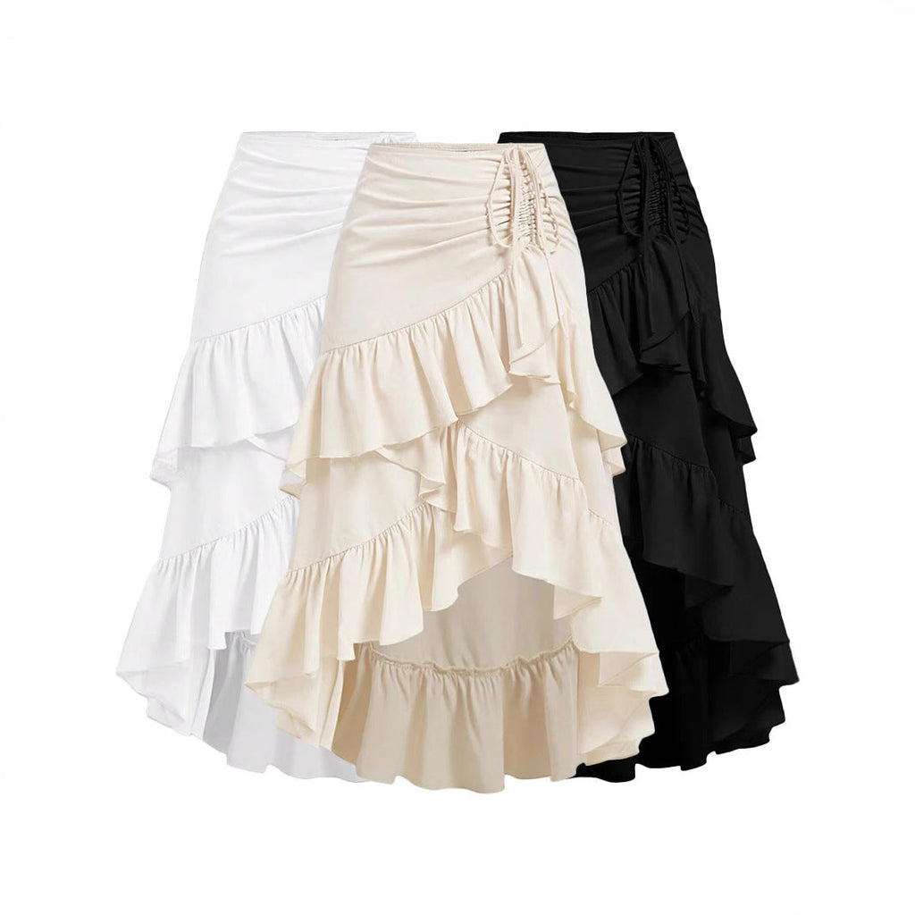 Women Asymmetric Hem High Waist Tied Lotus Leaf Hem Skirt