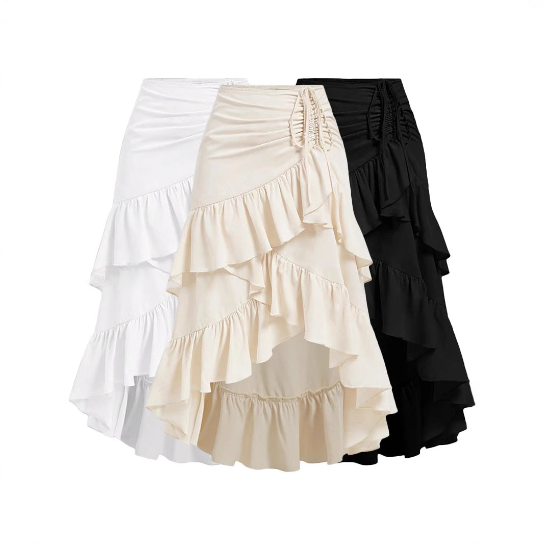 Women Asymmetric Hem High Waist Tied Lotus Leaf Hem Skirt