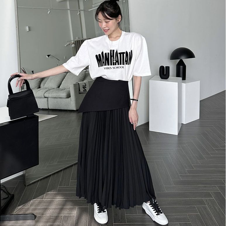Pleated Contrast Color High Waist Women's Skirt