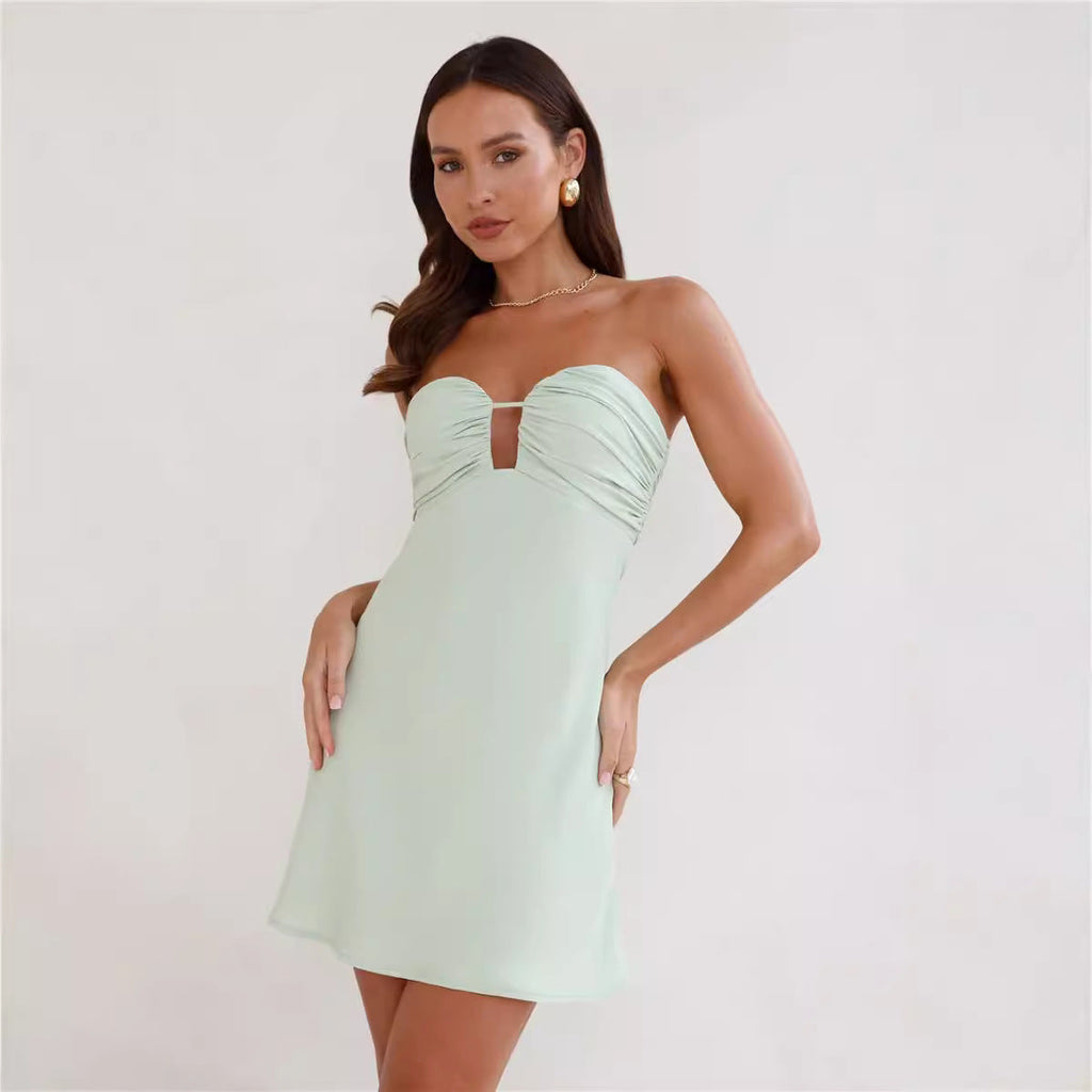 Tube Top Sexy Deep V Solid Color Skirt