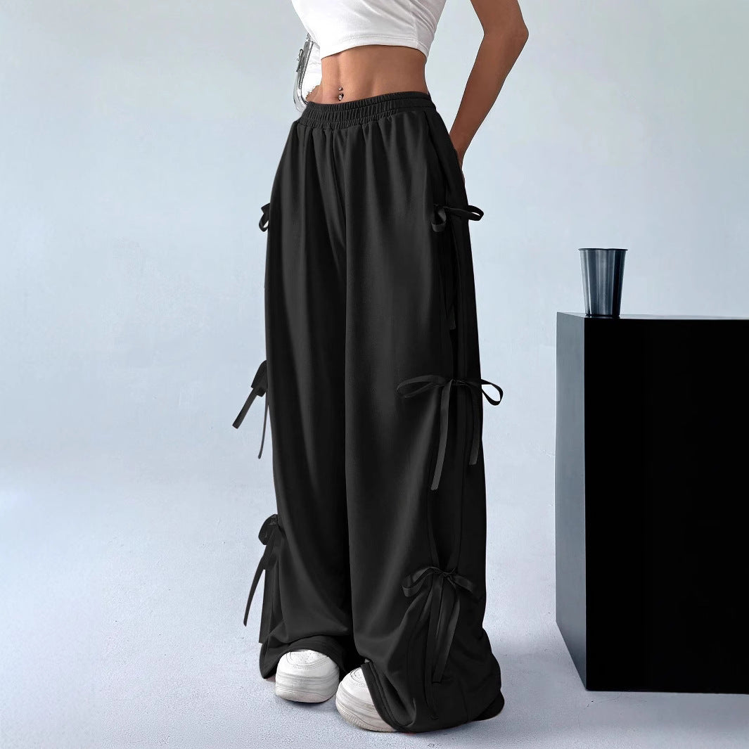 Elastic Waist Solid Color Bow Lace Up Casual Straight-leg Pants