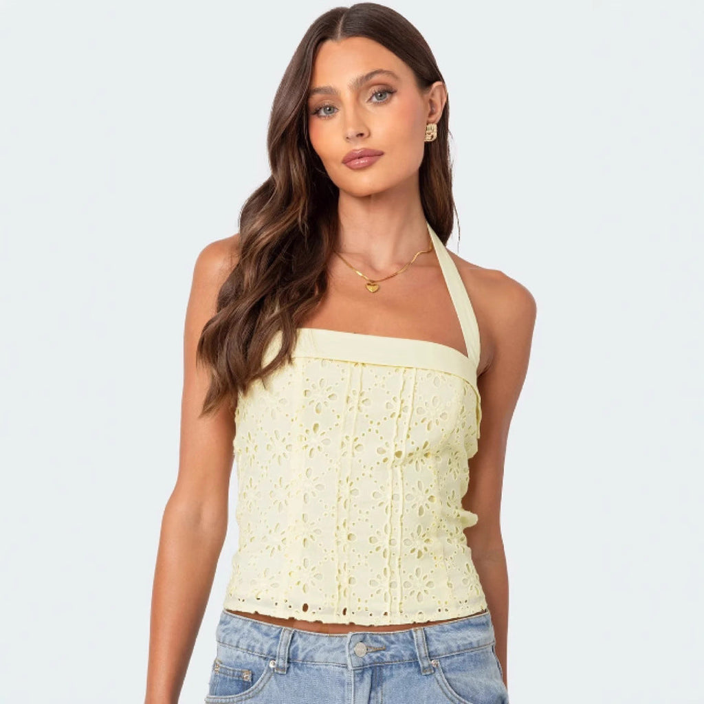 Pure Desire Style Hanging Collar Backless Embroidery Poplin Spaghetti-strap Camisole Top Summer