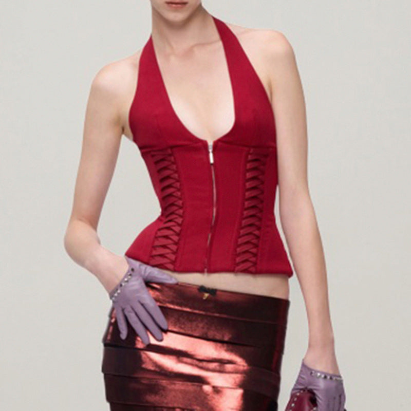 Women's Waist Trimming Lace Up Body Shaping Strap Halterneck Vest