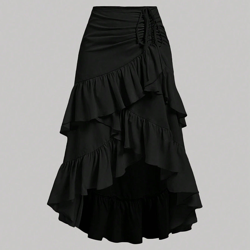 Women Asymmetric Hem High Waist Tied Lotus Leaf Hem Skirt