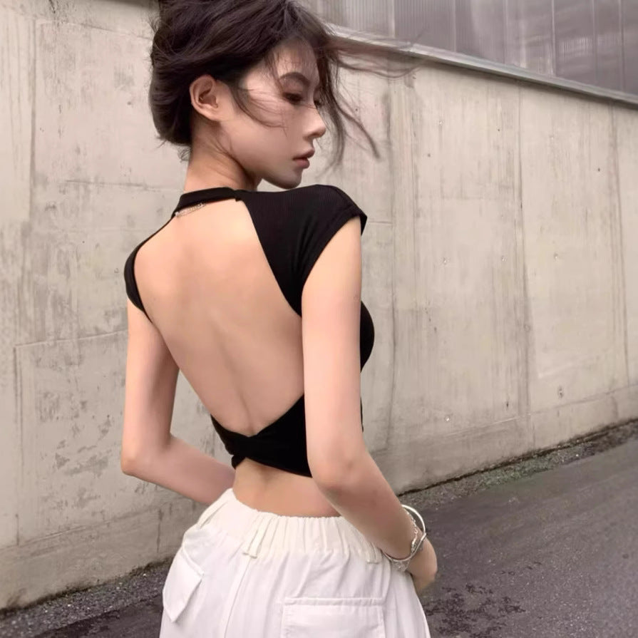 Cross Hollow Back Short-sleeved T-shirt For Women