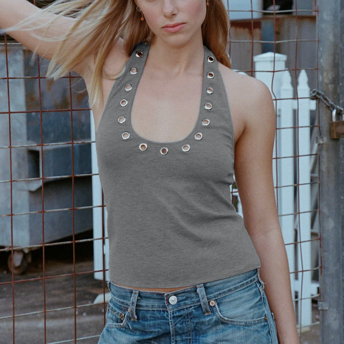 Metal Hollow-hole Design Sense Halter Spaghetti Straps Vest