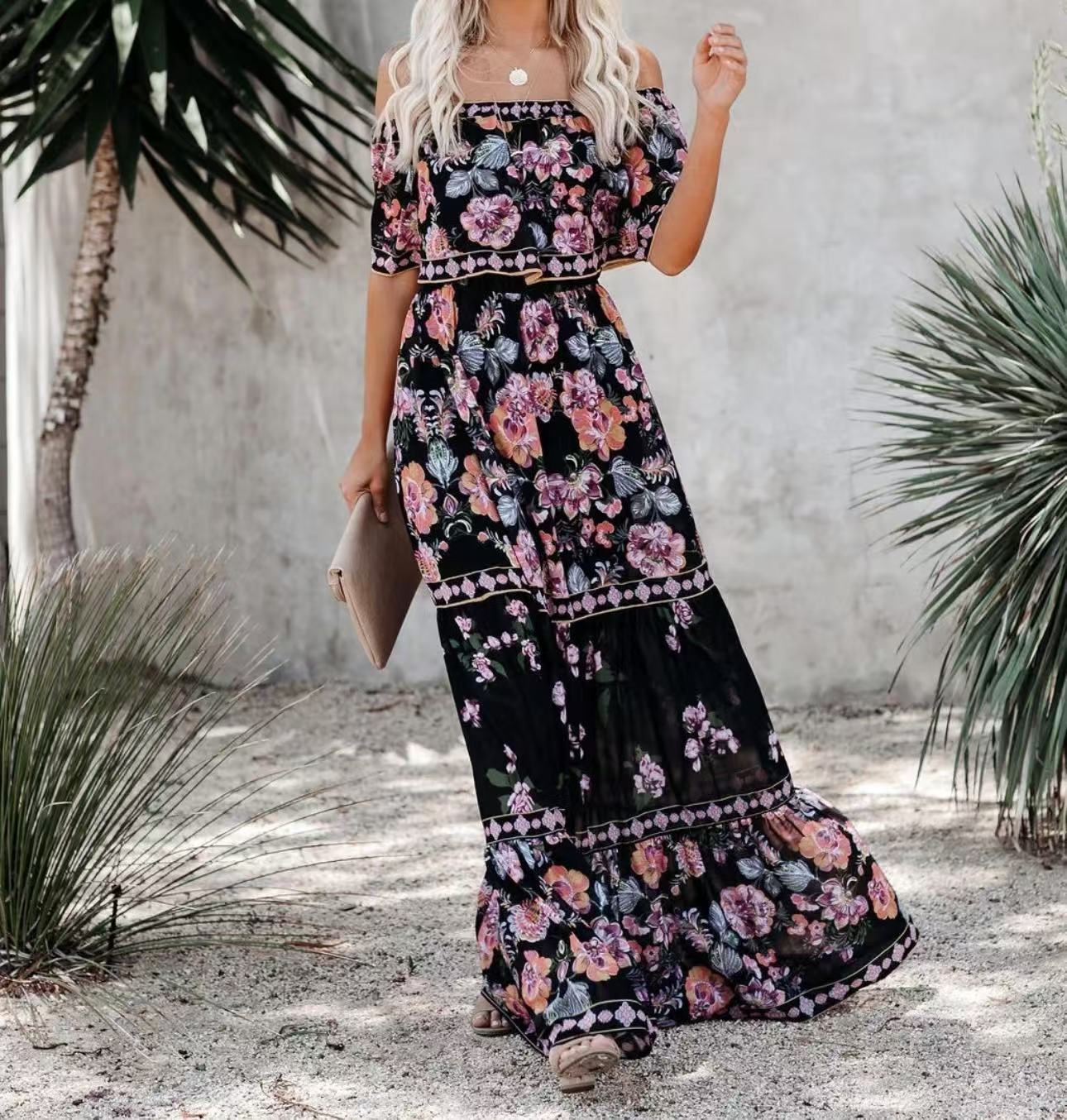 Summer Off-shoulder Printing Belt Long Large Hem Dress