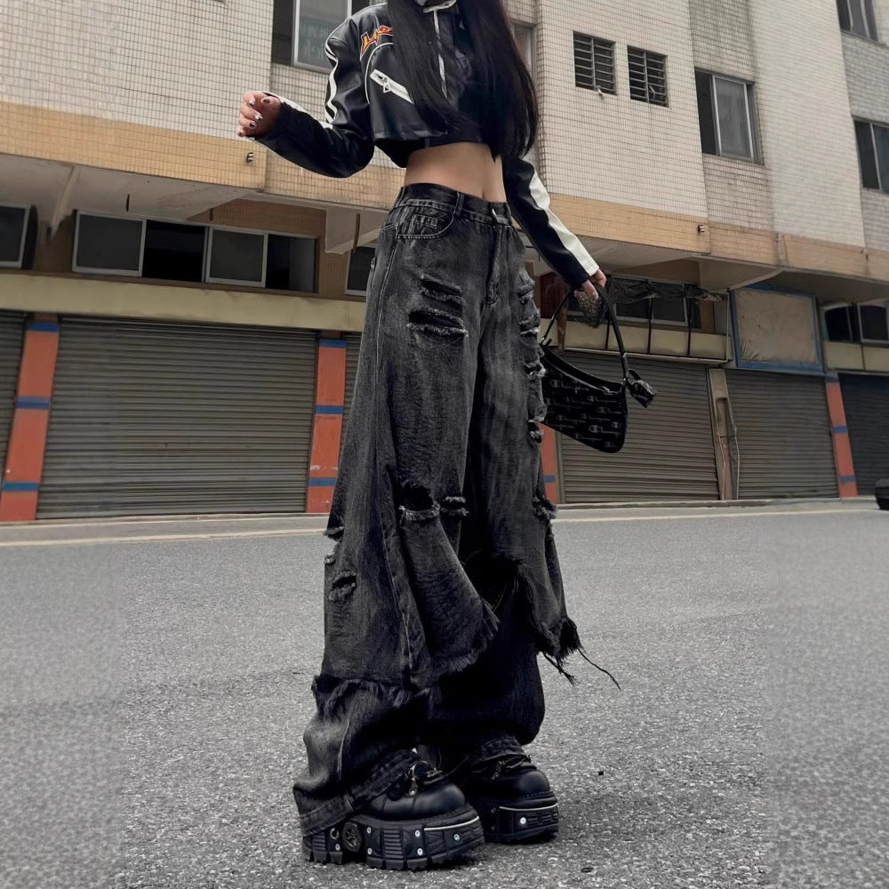 High Street Distressed Cargo Jeans Wide Leg Trousers