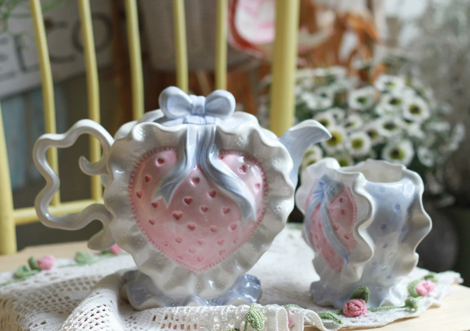 Clang Li Vintage Retro Valentine's Day Cute Pink Heart Ceramic Water Cup Kettle