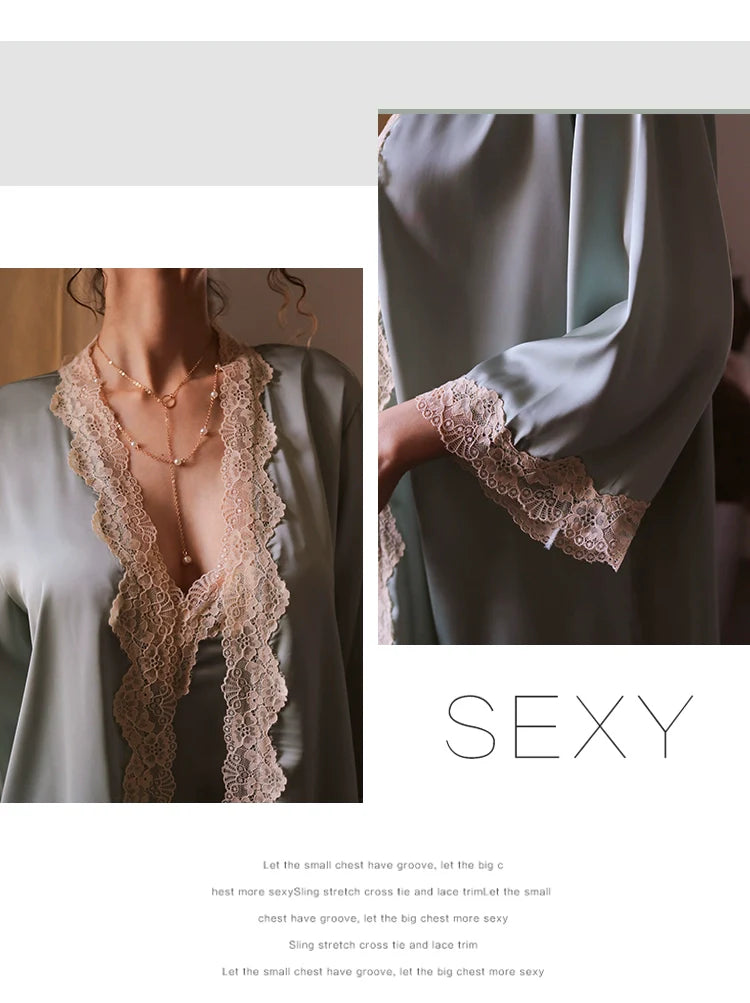 Women's Sexy Lace Pajamas Fancy Ice Silk Strap Night Dress