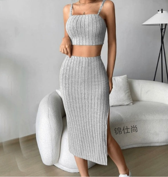 Women's Solid Color Stretch Tight Midriff-baring Camisole Hip Skirt Suit