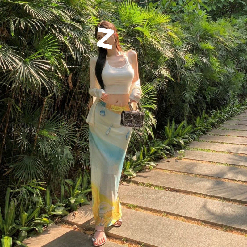 High Waist Niche Artistic Long  Printed Skirt For Women