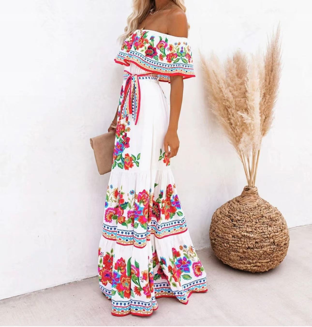 Summer Off-shoulder Printing Belt Long Large Hem Dress