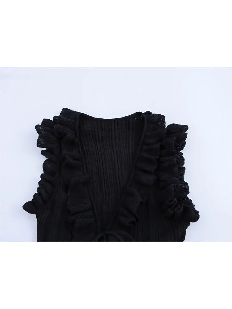 Women's Frill Tie With Sleeveless Knitted Cardigan Top