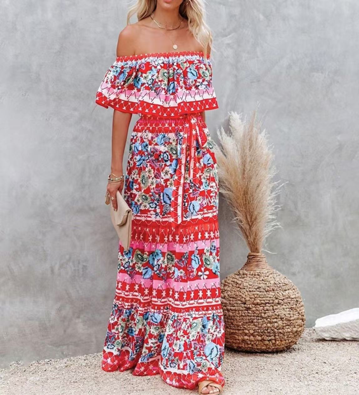 Summer Off-shoulder Printing Belt Long Large Hem Dress