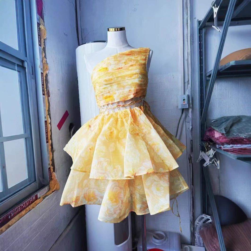 Vacation Style One-shoulder Pleated Lace-up Cutout Printed Puffy Cake Dress