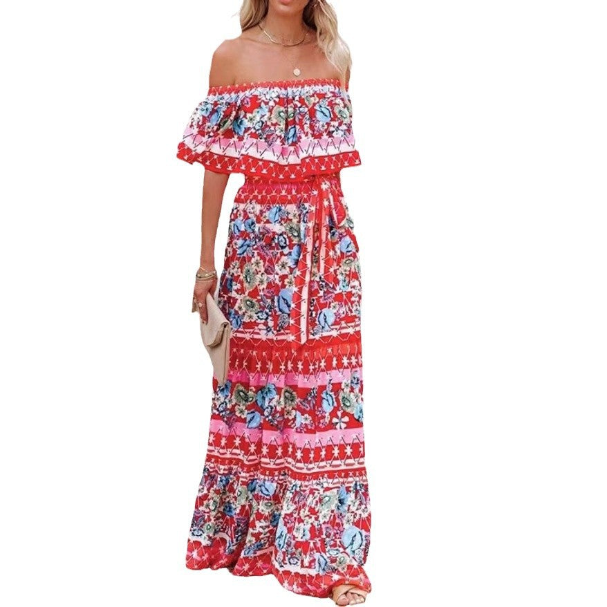 Summer Off-shoulder Printing Belt Long Large Hem Dress