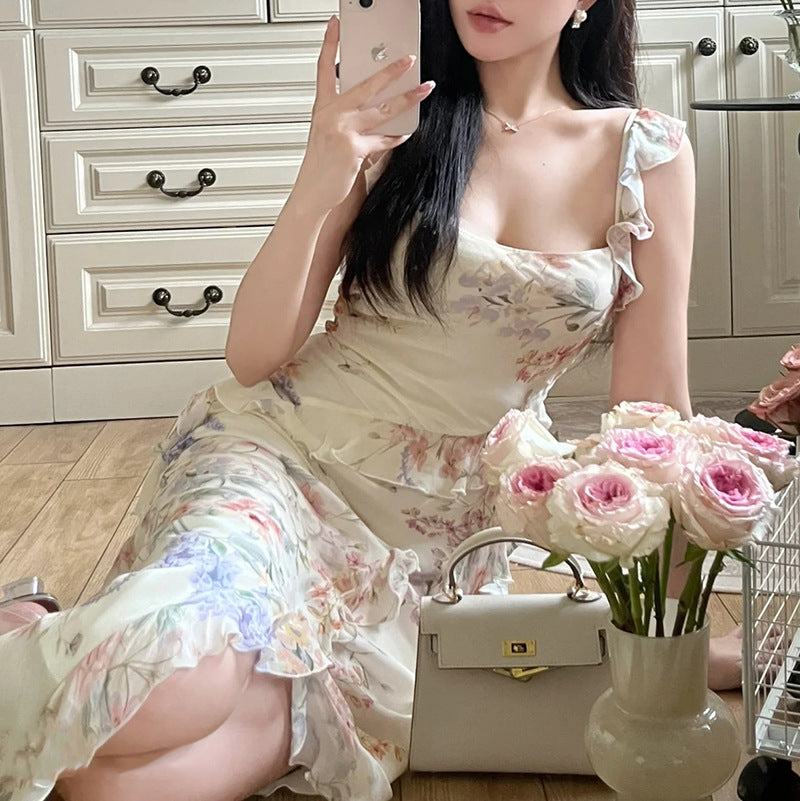 French Ruffled Square Collar Floral Backless Sling Dress