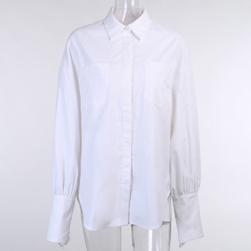 Versatile Simple Pocket Shirt Top For Women