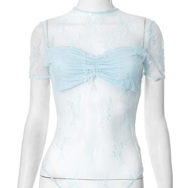 Jacquard Mesh See-through Pleated Slim Fit Short Sleeve Rompers