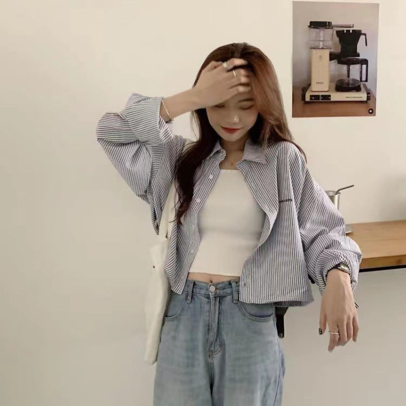 Vertical Striped Short Embroidery Shirt