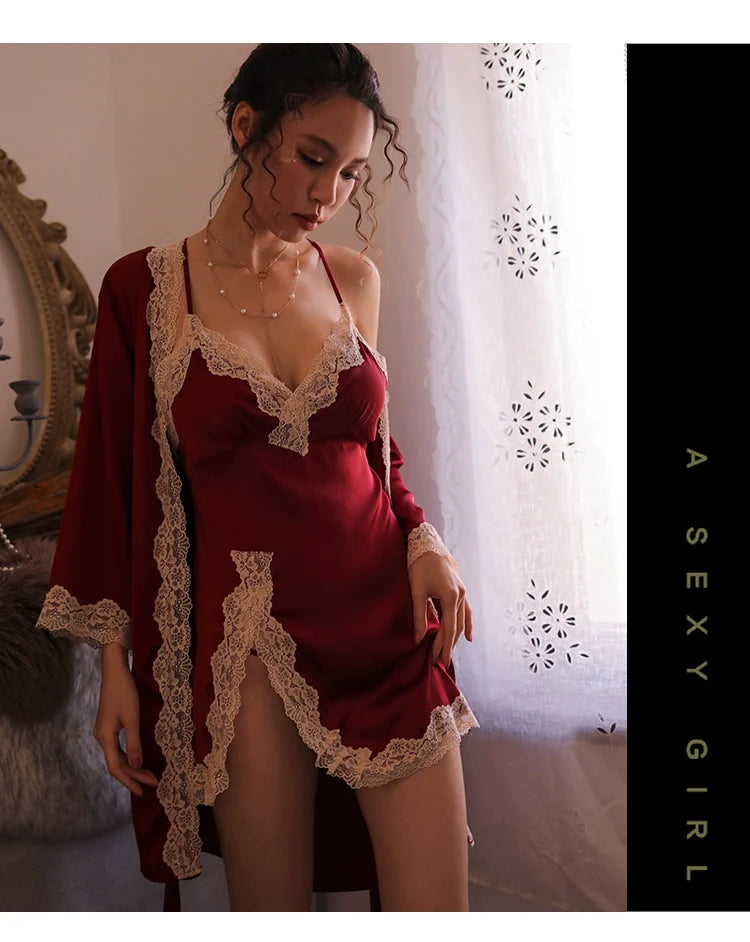 Women's Sexy Lace Pajamas Fancy Ice Silk Strap Night Dress