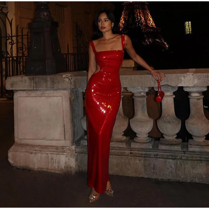 Sequined Square Collar Sling Party Dress