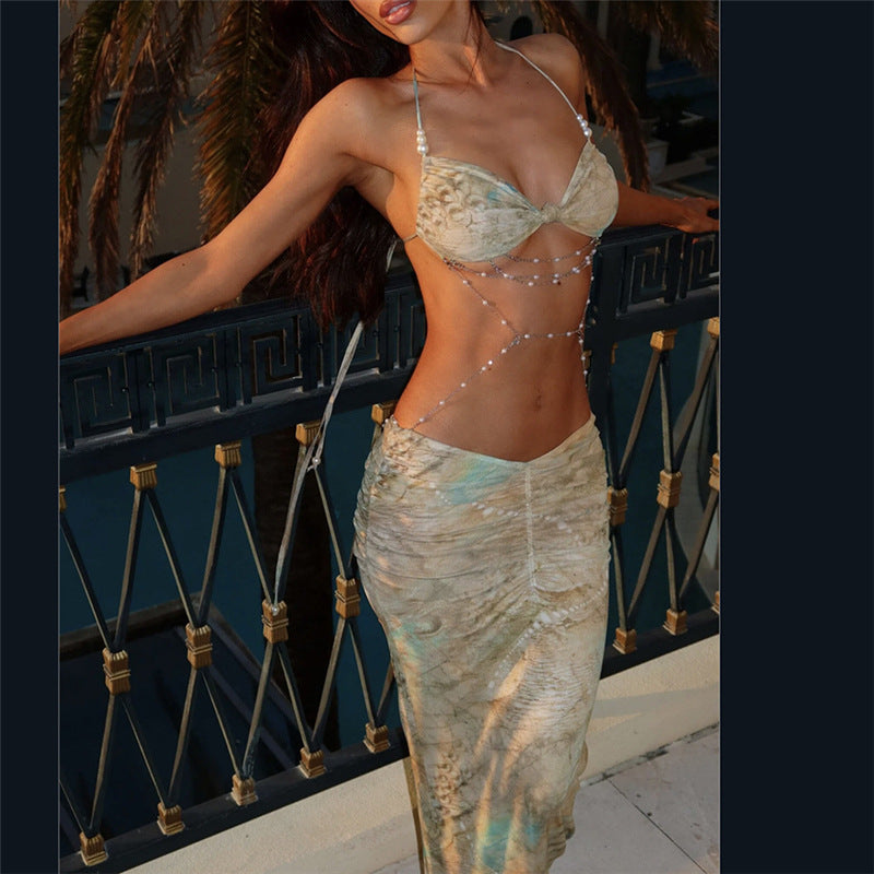 Women's Clothing Halter Lace-up Bead Necklace Decoration Dress