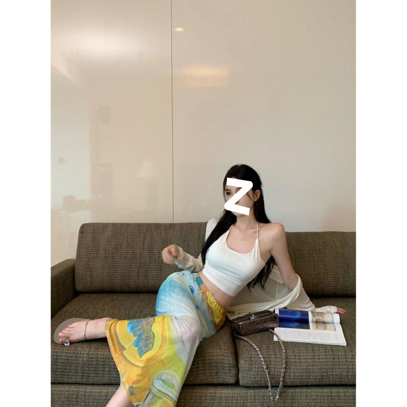 High Waist Niche Artistic Long  Printed Skirt For Women