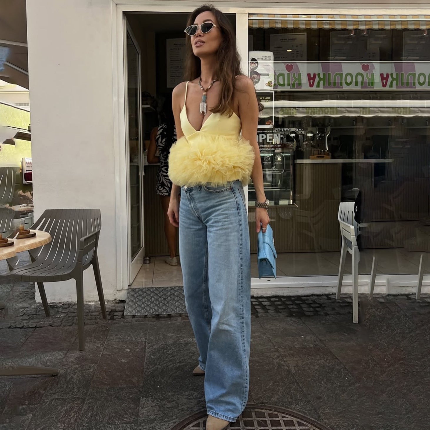 Mesh V-neck Patchwork Suspenders Top For Women