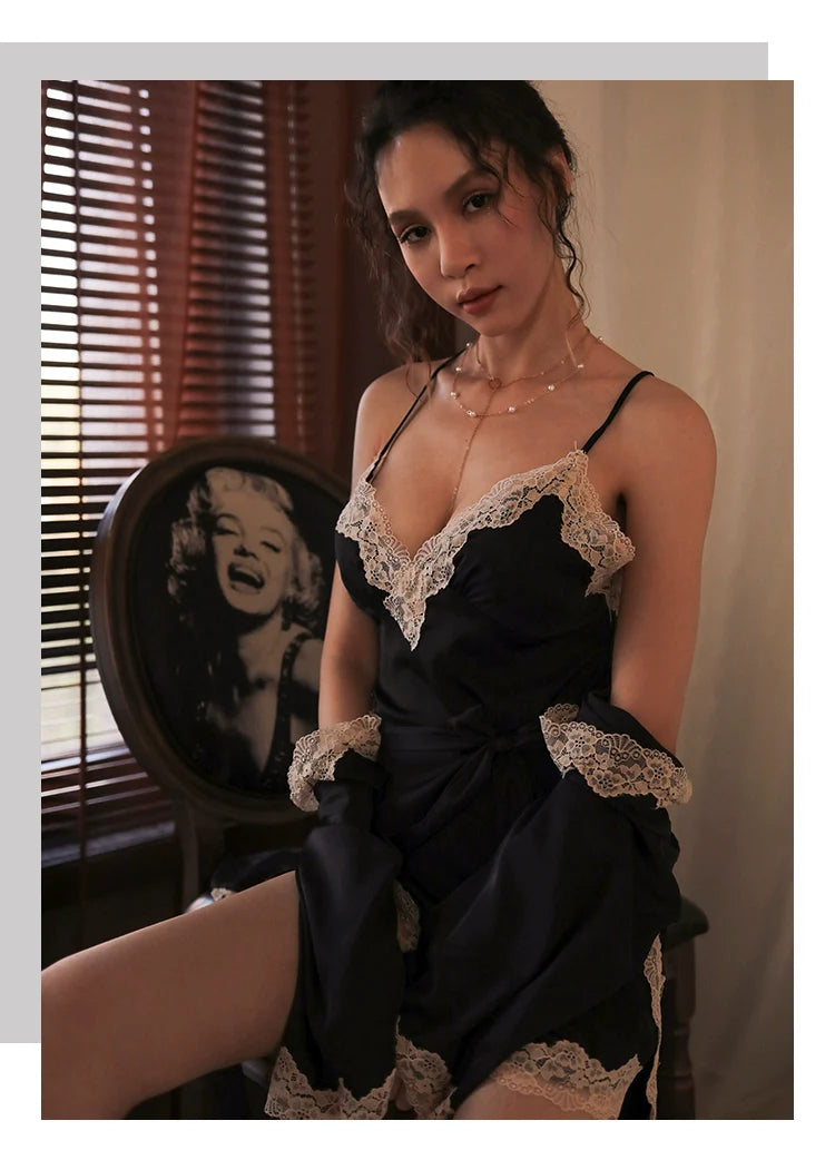 Women's Sexy Lace Pajamas Fancy Ice Silk Strap Night Dress