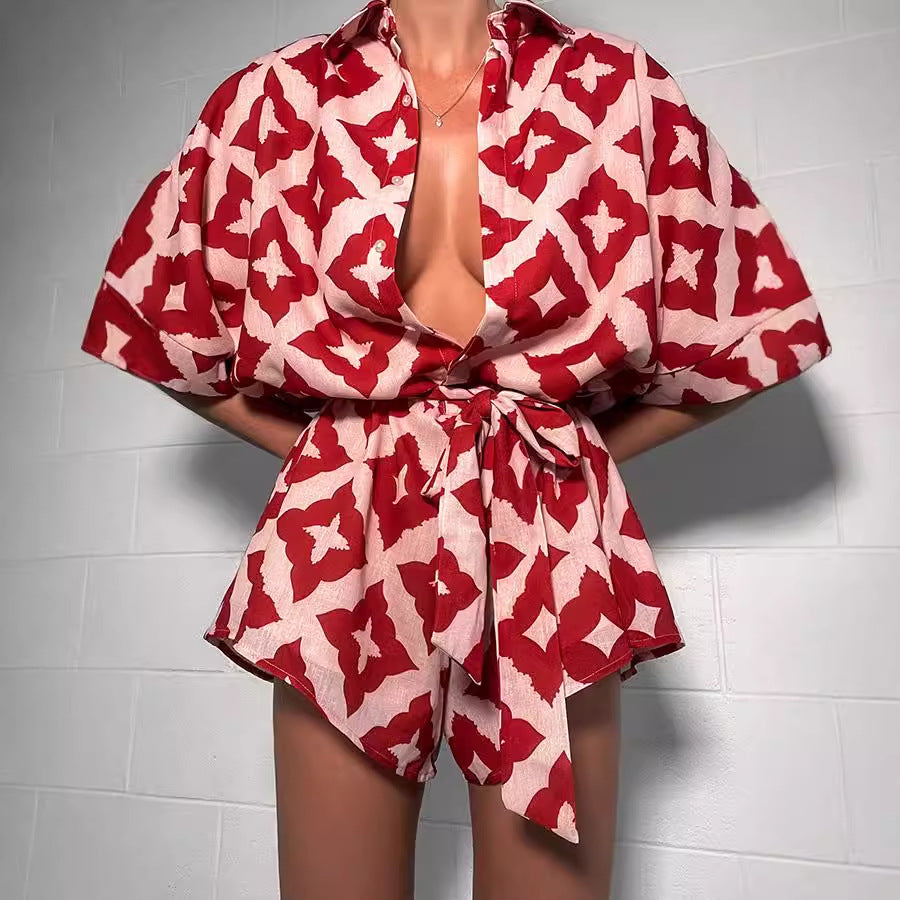 Loose Casual Print Lace-up Jumpsuit Shorts