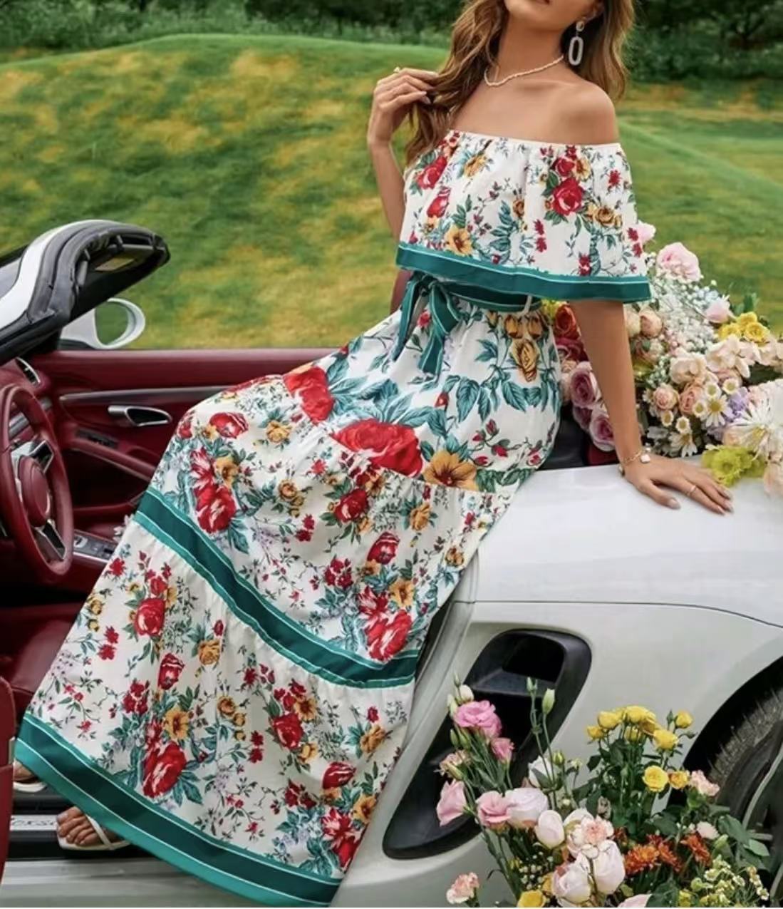 Summer Off-shoulder Printing Belt Long Large Hem Dress