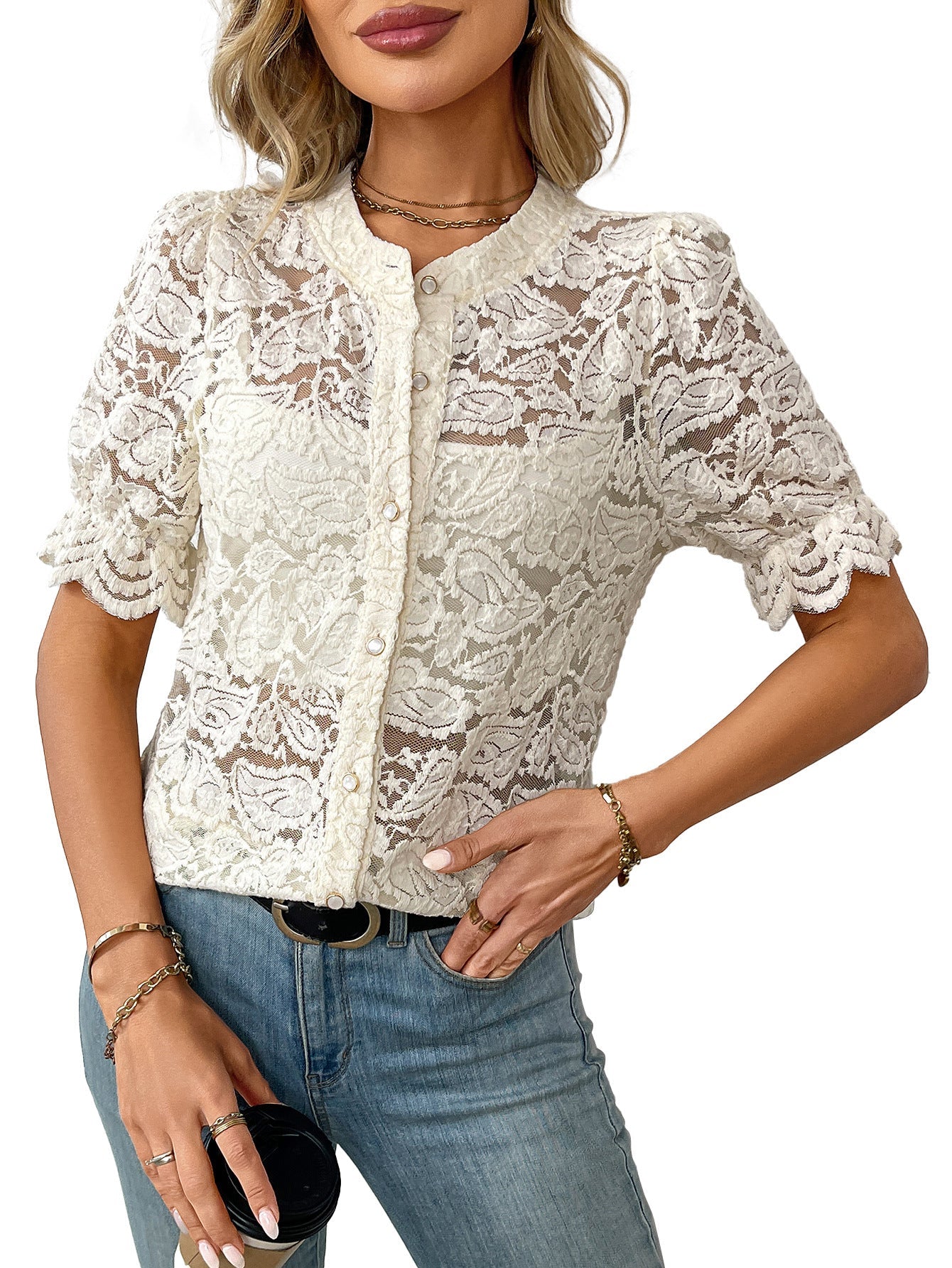 Lace Short Sleeve Casual Button Shirt