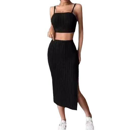 Women's Solid Color Stretch Tight Midriff-baring Camisole Hip Skirt Suit