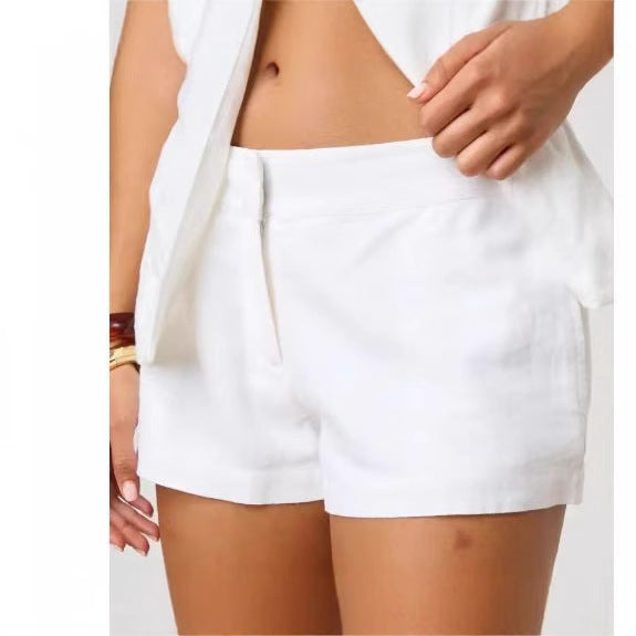 Wide Leg Leisure Cotton Linen Solid Color Shorts
