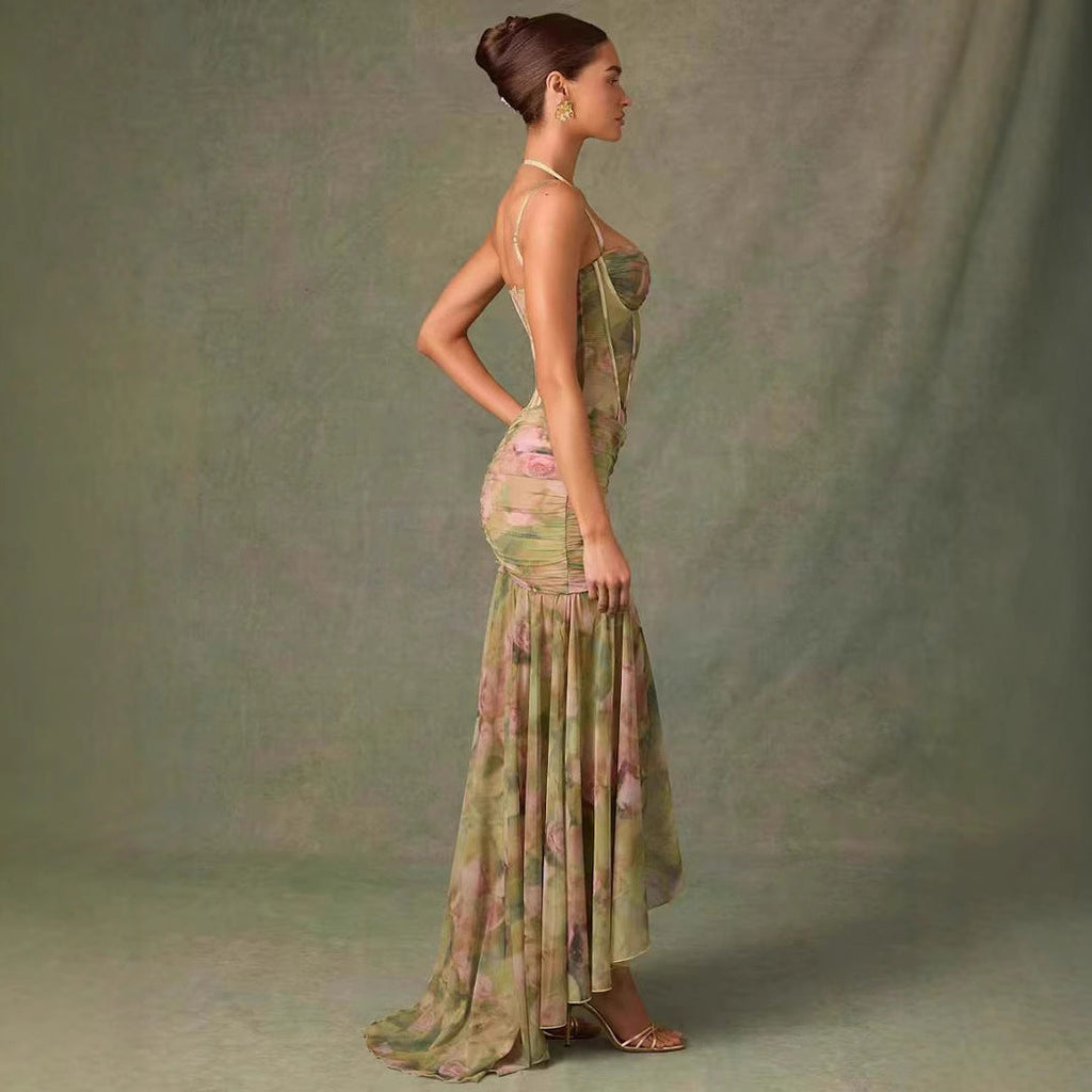 Sling Pleated Print Fishbone Waist Split Sheath Fishtail Fairy Dress