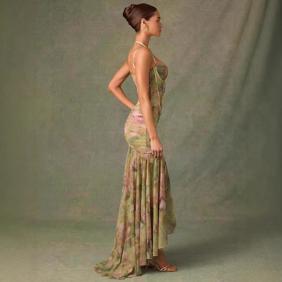 Sling Pleated Print Fishbone Waist Split Sheath Fishtail Fairy Dress