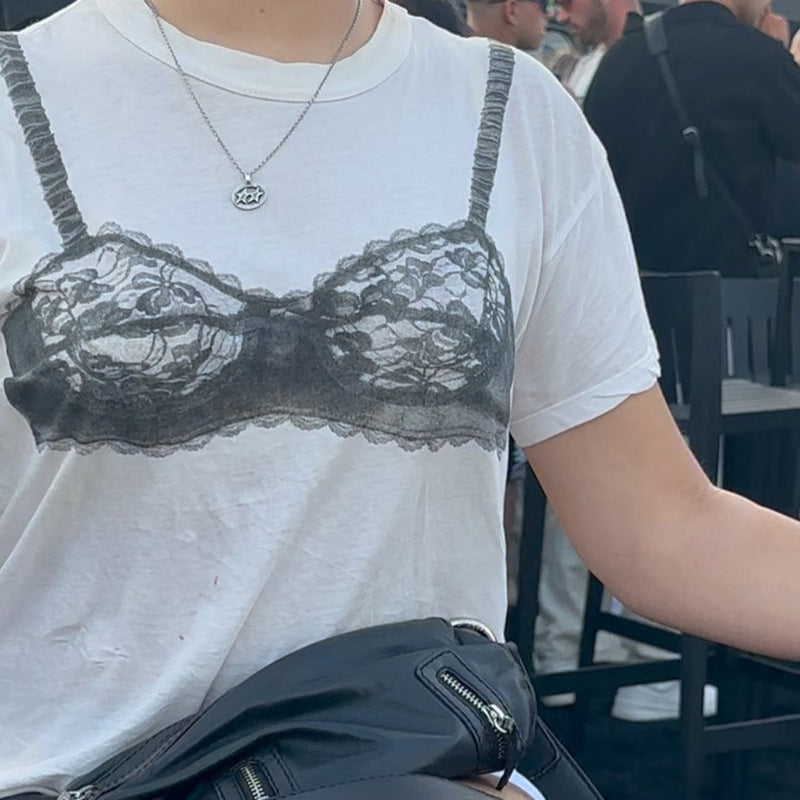 Women's Design Contrast Color Lace See-through Corset Short Sleeve