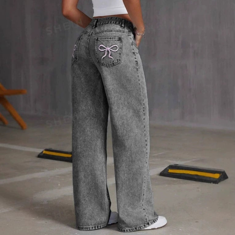 Vintage Bow Embroidered Washed Jeans For Women Straight Loose Trousers