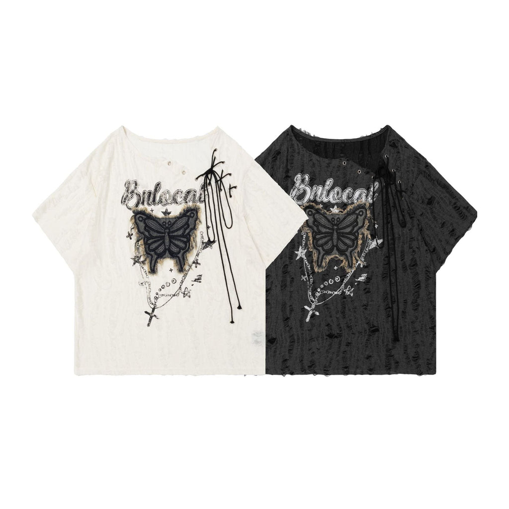 Women's Lace-up Butterfly Affixed Cloth Embroidered Short-sleeved T-shirt