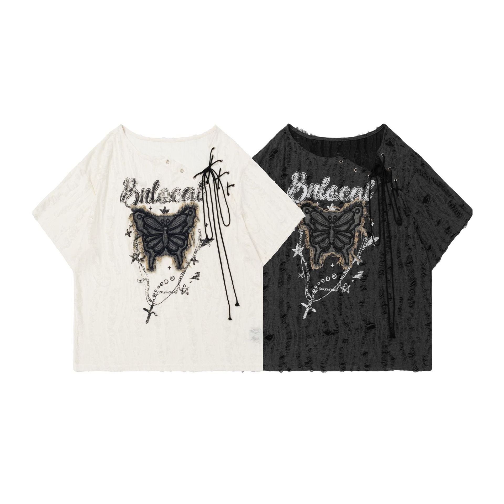 Women's Lace-up Butterfly Affixed Cloth Embroidered Short-sleeved T-shirt