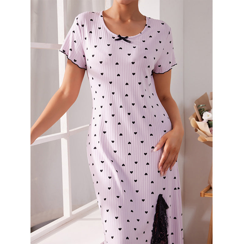 Round Neck Short Sleeve Love Slit Mid-length Dress
