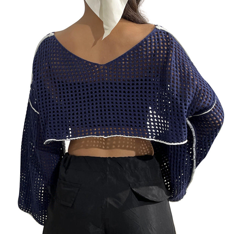 Women's Flared Sleeve Cropped Sexy Short Casual Hollow Sweater