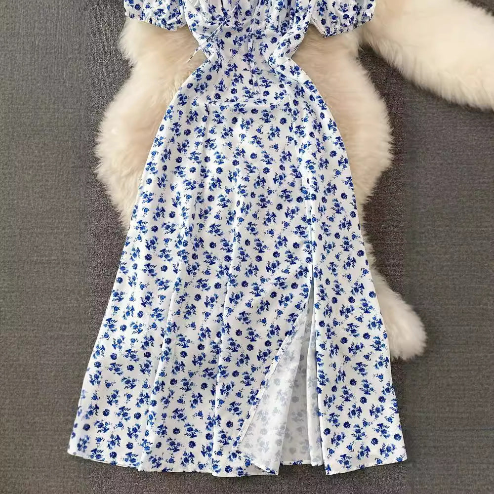 Women's Clothing Princess Sleeves Off-neck Sexy Slit Slim Fit Printed Dress