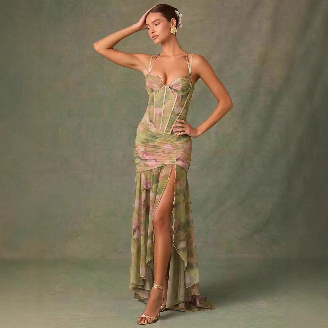 Sling Pleated Print Fishbone Waist Split Sheath Fishtail Fairy Dress