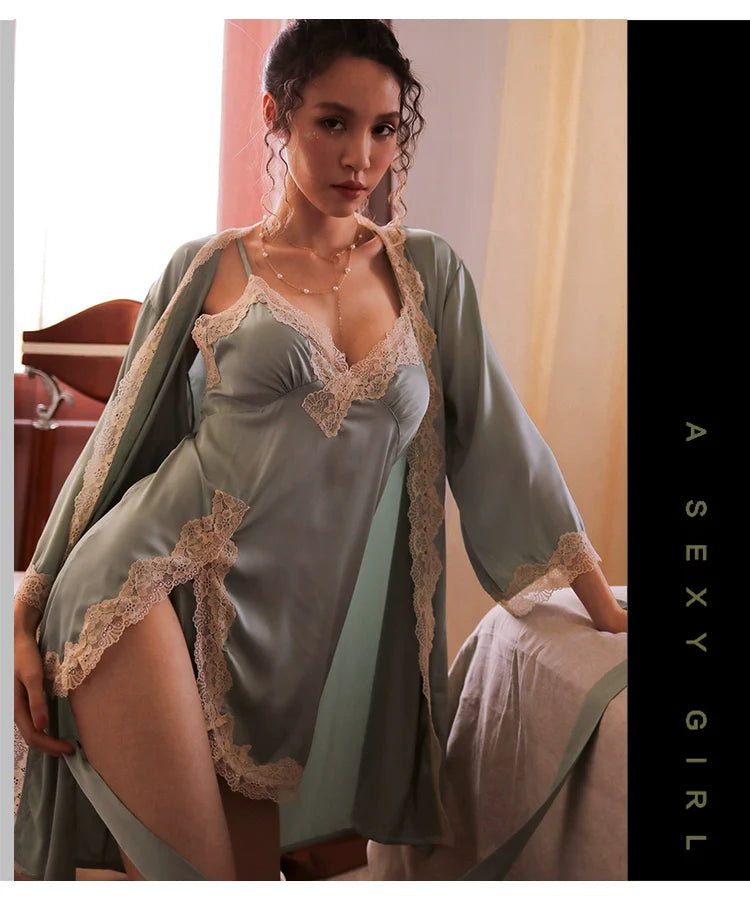 Women's Sexy Lace Pajamas Fancy Ice Silk Strap Night Dress