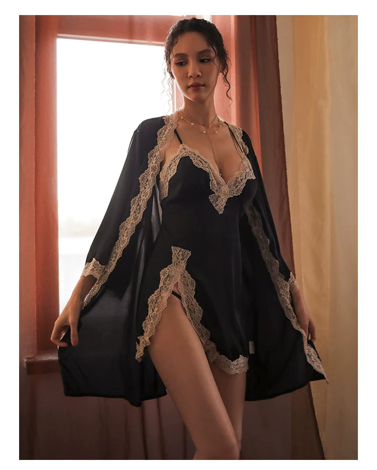 Women's Sexy Lace Pajamas Fancy Ice Silk Strap Night Dress